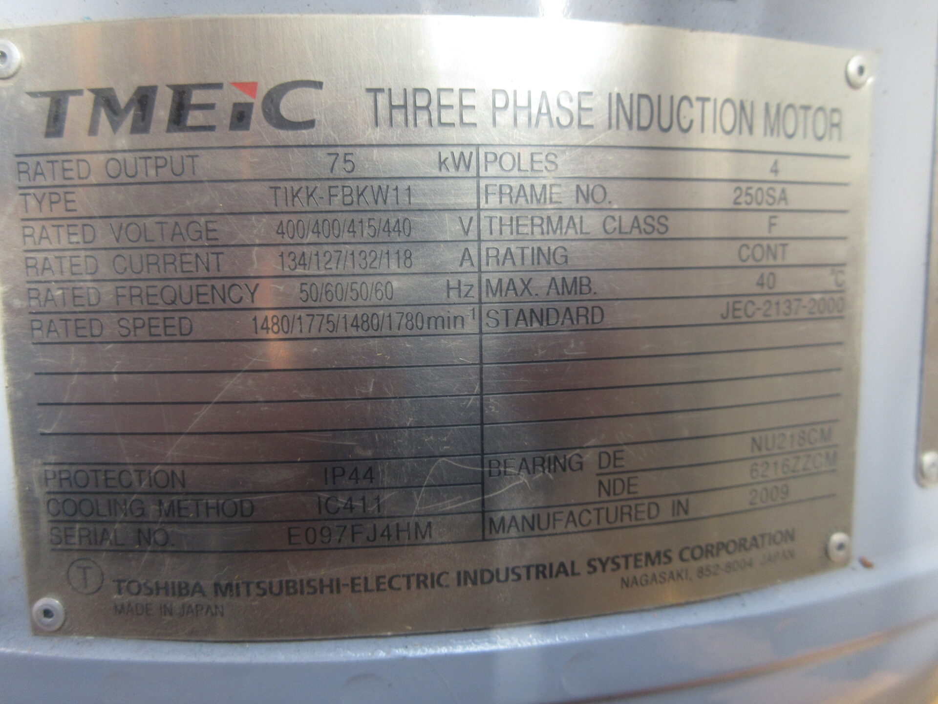【NO.25-07】75kW4P220/400V　TIMEIC　屋外型脚取付モーター（新品）