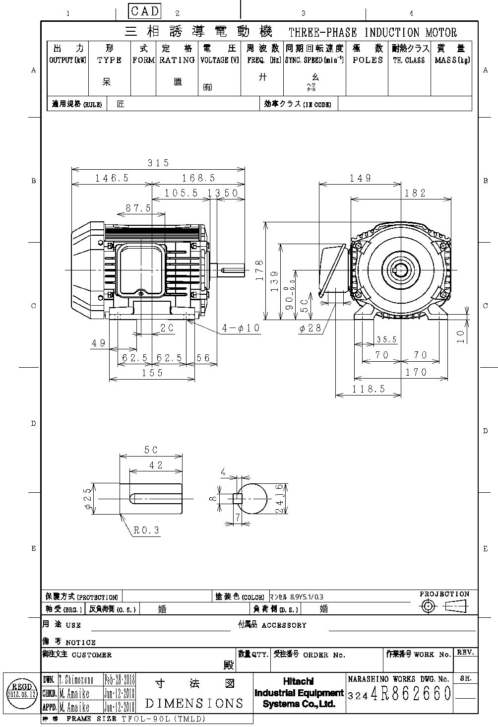 【NO.25-03】2.2kW2P200V 日立　全閉モーター（新品）