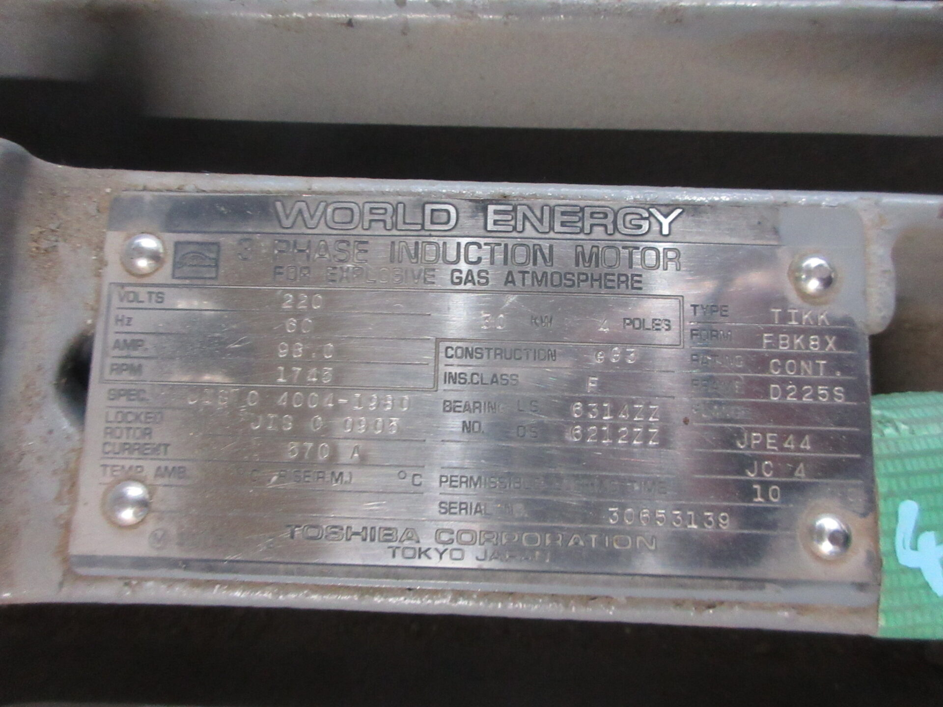 【NO.25-10】3０kW4P200V  東芝 　全閉安全増モーター（中古品）